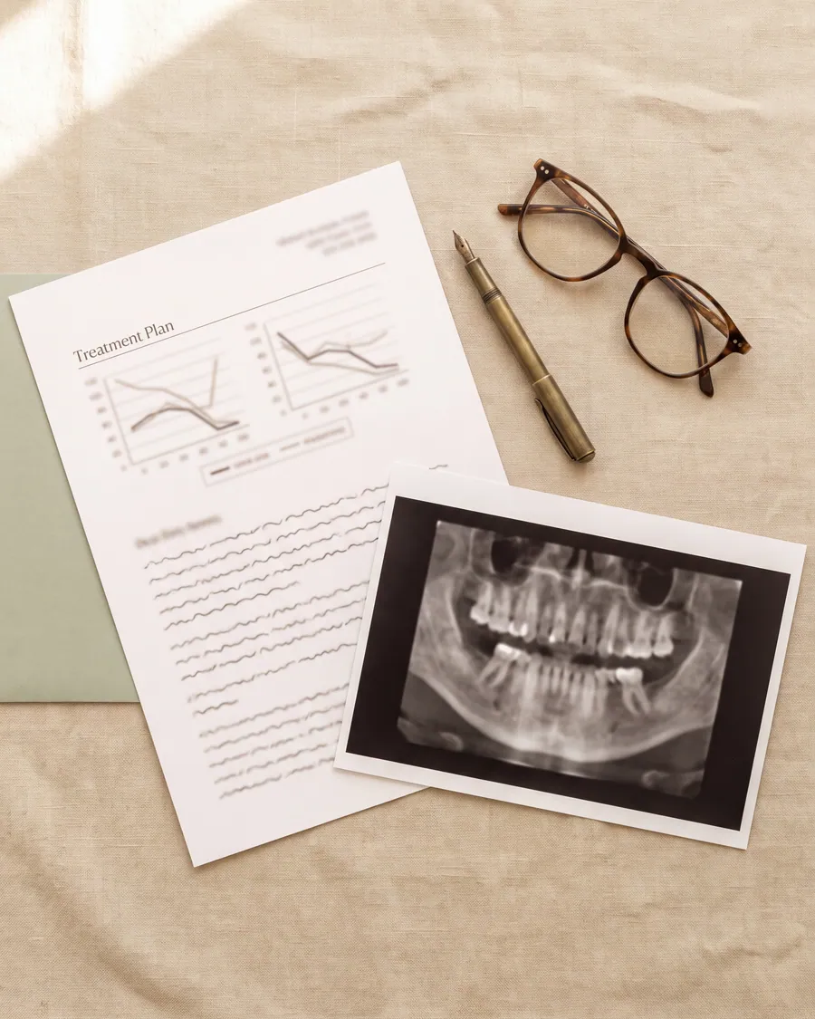 A printed treatment plan, a dental x-ray and reading glasses laid out on a desk