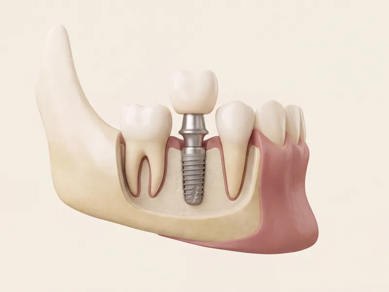 Illustration of a single dental implant replacing one missing tooth between two natural teeth